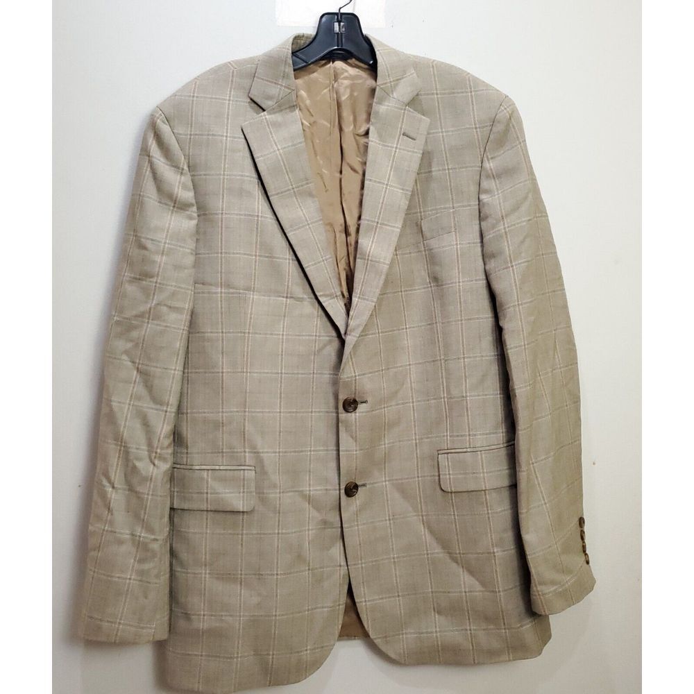 Brooks Brothers Blazer Mens 43LG Madison Fit Beige Wool Window Pane Jacket Brown